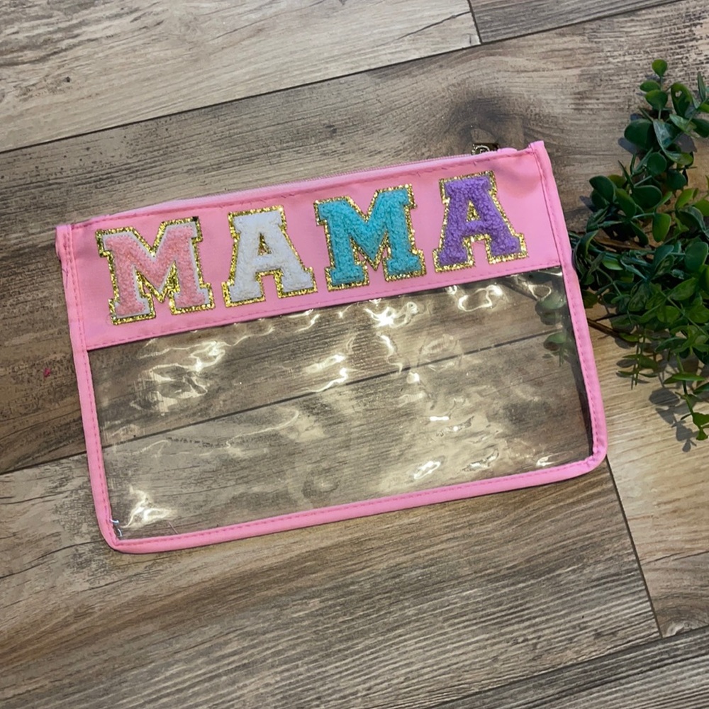 Chenille Letter Zipper Pouch Bag-Travel Bag-Ditty Bag’Mama’ in Pink